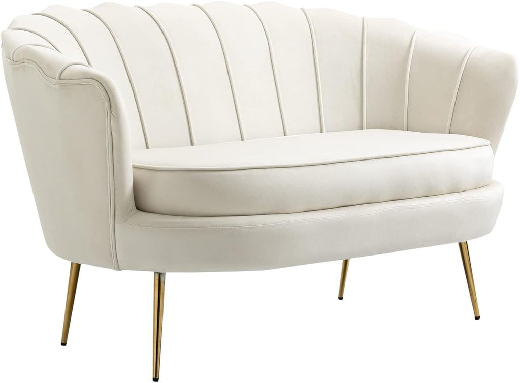 Sofá de 2 plazas HOMCOM con reposabrazos, respaldo en forma de pétalo, acolchado grueso, sofá tapizado moderno con aspecto de terciopelo y patas de metal para salón, 130 x 77 x 77 cm, blanco crema