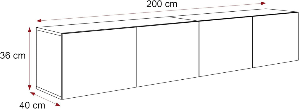 Mueble de TV de 200 cm, blanco mate, con 4 compartimentos grandes prácticos e iluminación LED - Mueble de TV colgante ideal para salones con estilo