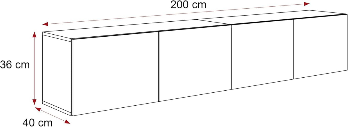 Mueble de TV de 200 cm, blanco mate, con 4 compartimentos grandes prácticos e iluminación LED - Mueble de TV colgante ideal para salones con estilo
