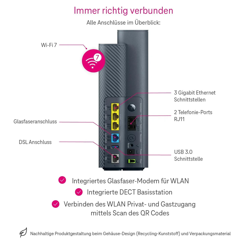 Router WiFi 7 Deutsche Telekom Speedport 7, módem de fibra óptica, 6.760 Mbit/s, Mesh, base SmartHome, ideal para Entertain TV en 4K