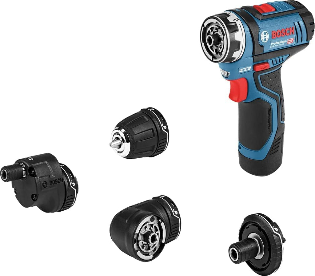 Taladro atornillador a batería Bosch Professional 12V System GSR 12V-15 FC - Sistema FlexiClick (incluye 2 baterías GBA 12V 2.0Ah, cargador, 4 adaptadores, juego de 40 accesorios) - Alimentado por batería