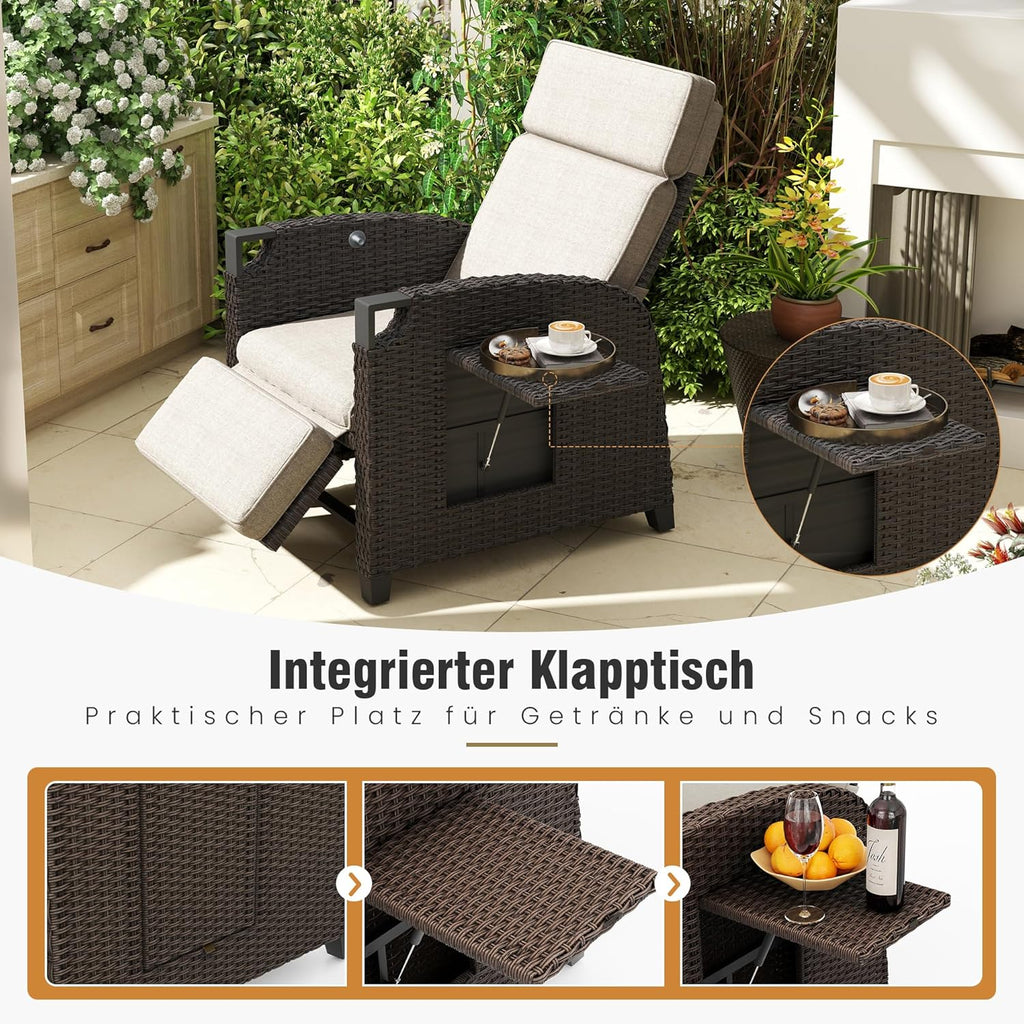 Tumbona relax Amopatio, sillón reclinable, tumbona de ratán con respaldo ajustable y mesa plegable, sillón de jardín para exteriores resistente a la intemperie, para terraza, jardín, balcón – Beige y marrón