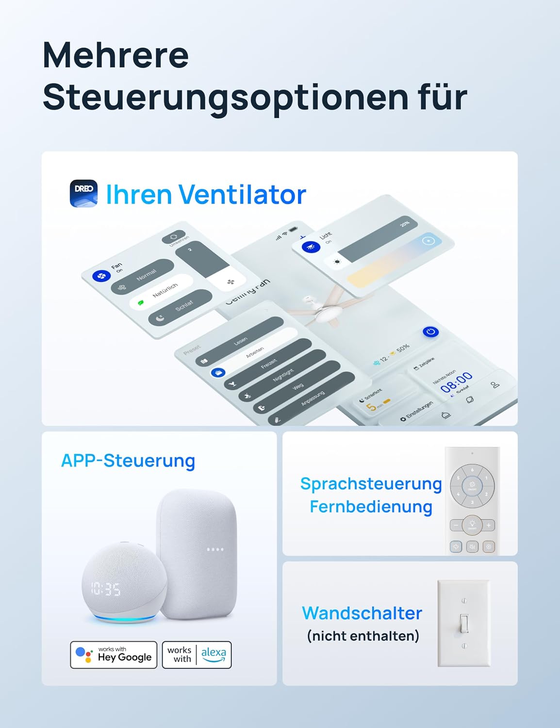 Ventilador de techo inteligente DREO con luz, 132 cm, 12 velocidades, 3 modos, iluminación LED de intensidad regulable, motor CC silencioso, temporizador de 12 horas, control remoto/APP/Alexa, para interiores, blanco