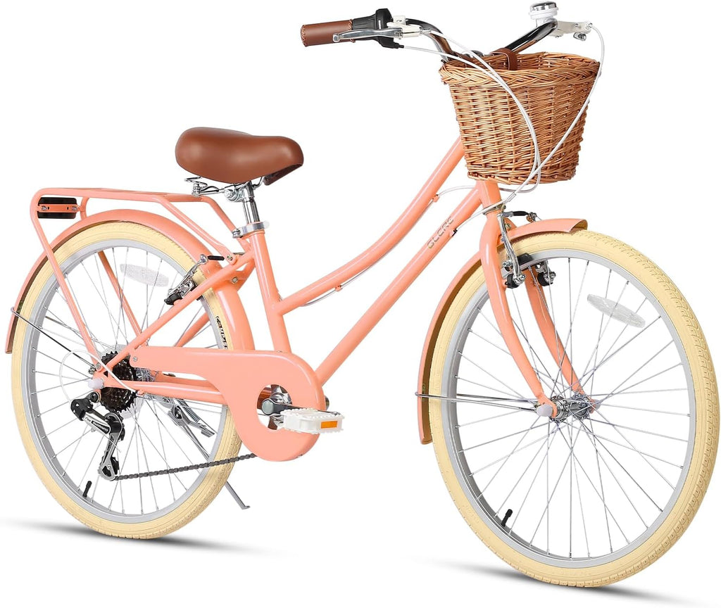 Glerc Missy 20, 24, 26 pulgadas bicicleta híbrida urbana tipo crucero para niñas, de 6 velocidades, con cesta de mimbre, para jóvenes mayores de 6 años, varios colores