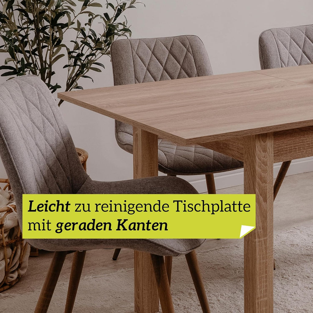 Mesa de comedor inteligente de 90x60 cm en roble, mesa de cocina extensible hasta 130 cm, mesa de comedor de madera contrachapada incl. placa de extensión, mesa moderna para hasta 6 personas