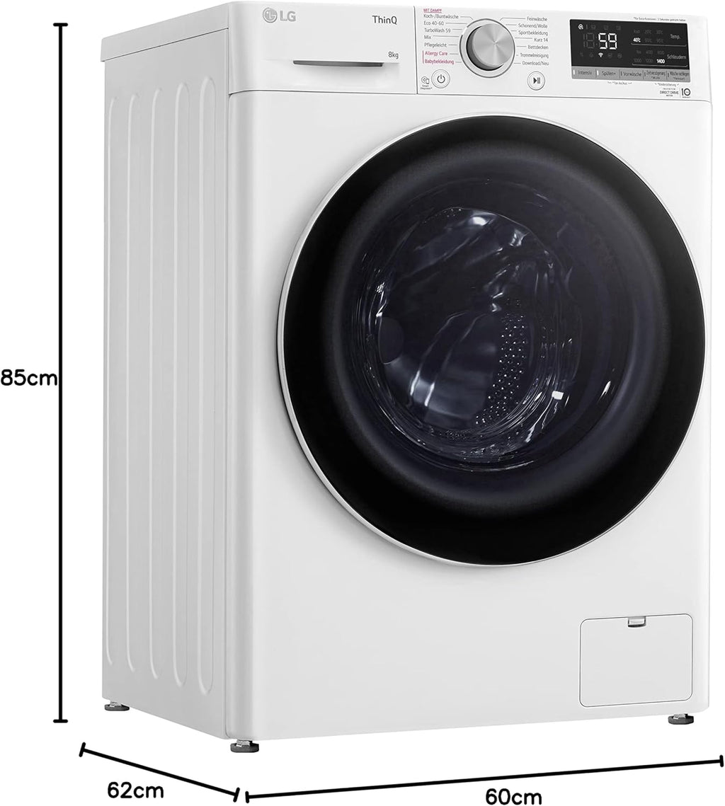 LG F4WV7080, Clase A, lavadora de carga frontal 8 kg, 1400 rpm, AI Direct Drive, Wi-Fi, limpieza profunda con vapor, gran capacidad, TRIPLE A, puerta exterior de cristal templado, 62 x 60 x 85 cm, blanco
