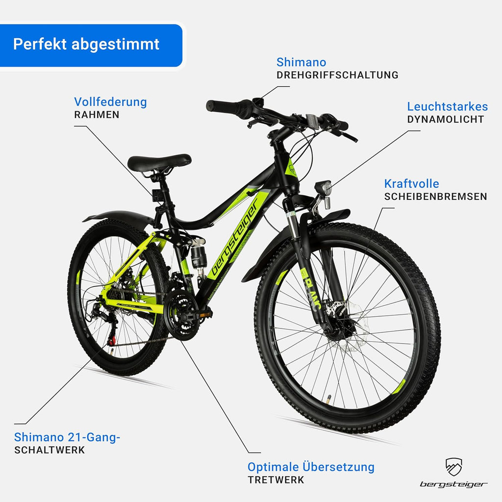 Bergsteiger Broome 24, bicicleta infantil de 26 pulgadas, cambio de 21 velocidades, cumple con StVZO, bicicleta de montaña con suspensión total, frenos de disco y luz de dinamo, adecuada para niños y niñas de 8, 9, 10, 11, 12, 13 años