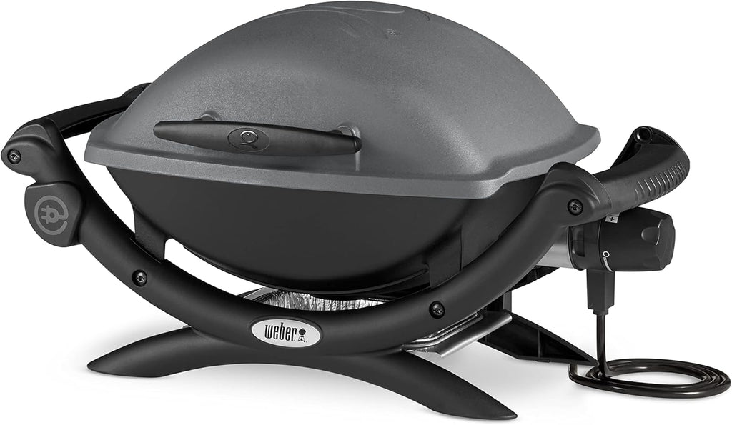 Barbacoa eléctrica Weber Q1400, superficie de cocción de 43 x 32 cm, barbacoa portátil, rejilla de cocción de hierro fundido vitrificado dividida en 2, tapa y cuerpo de aluminio fundido - Gris oscuro (52020079)