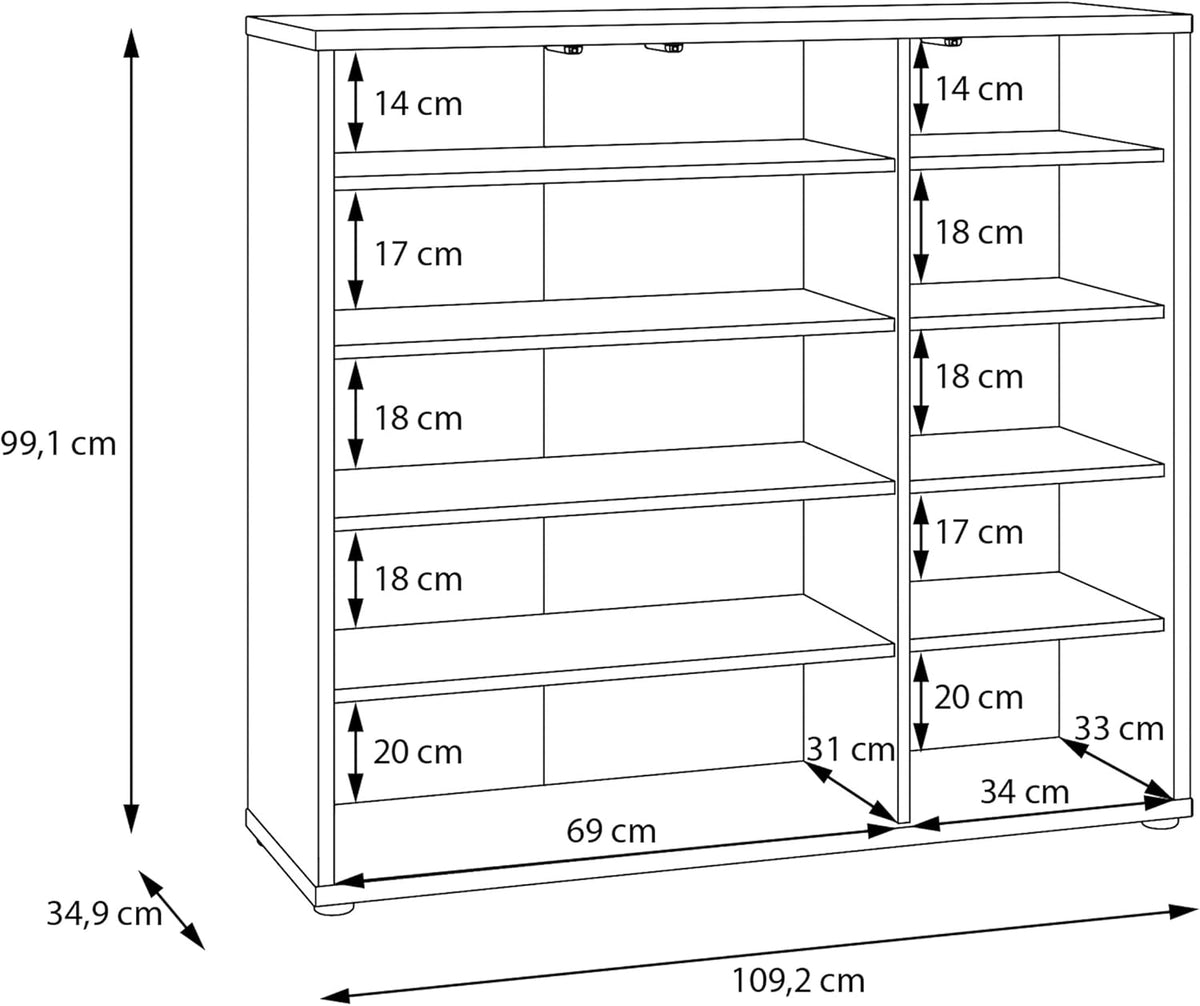 Zapatero Forte Alice Springs 100 110, armario de recibidor con 3 puertas y 8 estantes, madera reconstituida, color beige cachemira, 109,2 cm de ancho x 99,1 cm de alto x 34,9 cm de profundidad