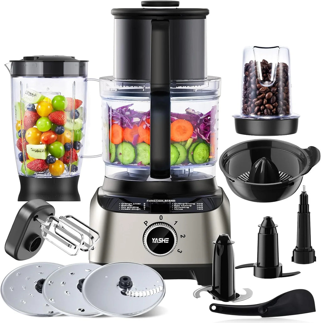 YASHE Wielofunkcyjny robot kuchenny 11 w 1, blender, mikser, rozdrabniacz, sokowirówka i maszyna do ciasta z miską 2,5 l i pojemnikiem do miksowania 1,5 l, 1300 W, 3-biegowy, funkcja pulsu, blokada