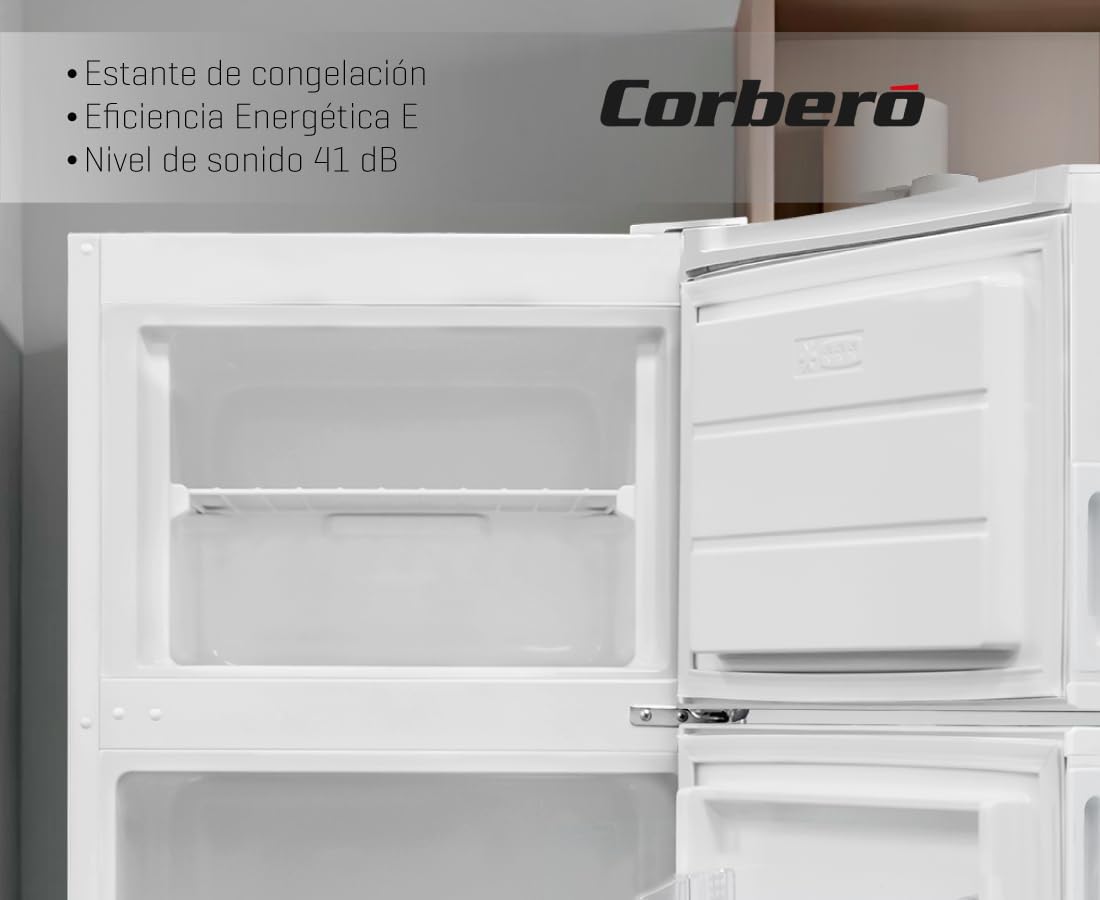 Corberó - Frigorífico 2 Puertas | CF2PV21324W | 57x54x145 | Capacidad 212L | Luz interior, cajón para verduras, estantes ajustables, descongelación manual, estantes de cristal, huevera, cubiteras | Blanco