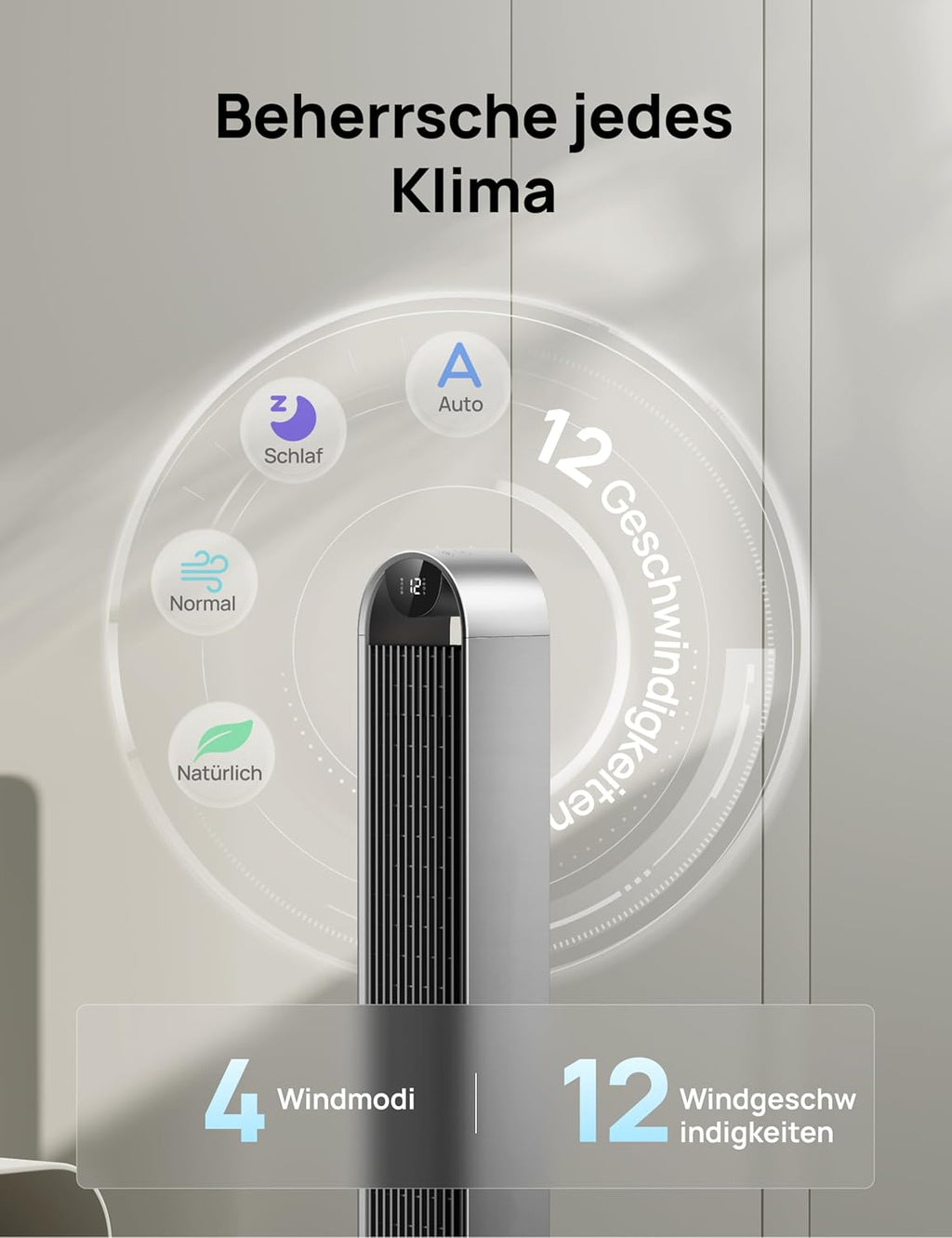 Ventilador de torre inteligente DREO muy silencioso, ventilador oscilante de 120° con refrigeración, ventilador de pie de 25 dB con control remoto para dormitorio, 12 velocidades, 4 modos, temporizador de 12 horas, Pilot Max S