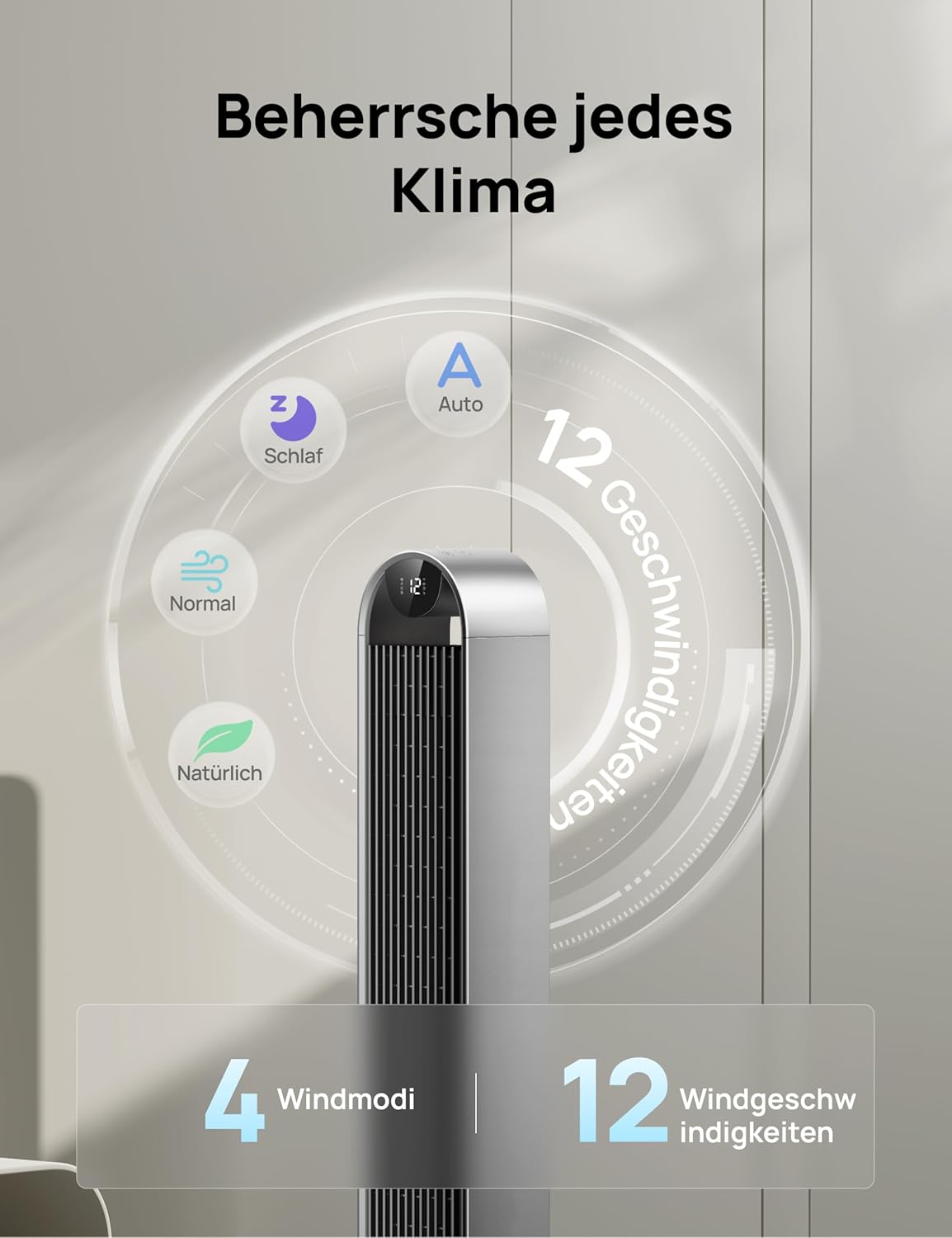 Ventilador de torre inteligente DREO muy silencioso, ventilador oscilante de 120° con refrigeración, ventilador de pie de 25 dB con control remoto para dormitorio, 12 velocidades, 4 modos, temporizador de 12 horas, Pilot Max S