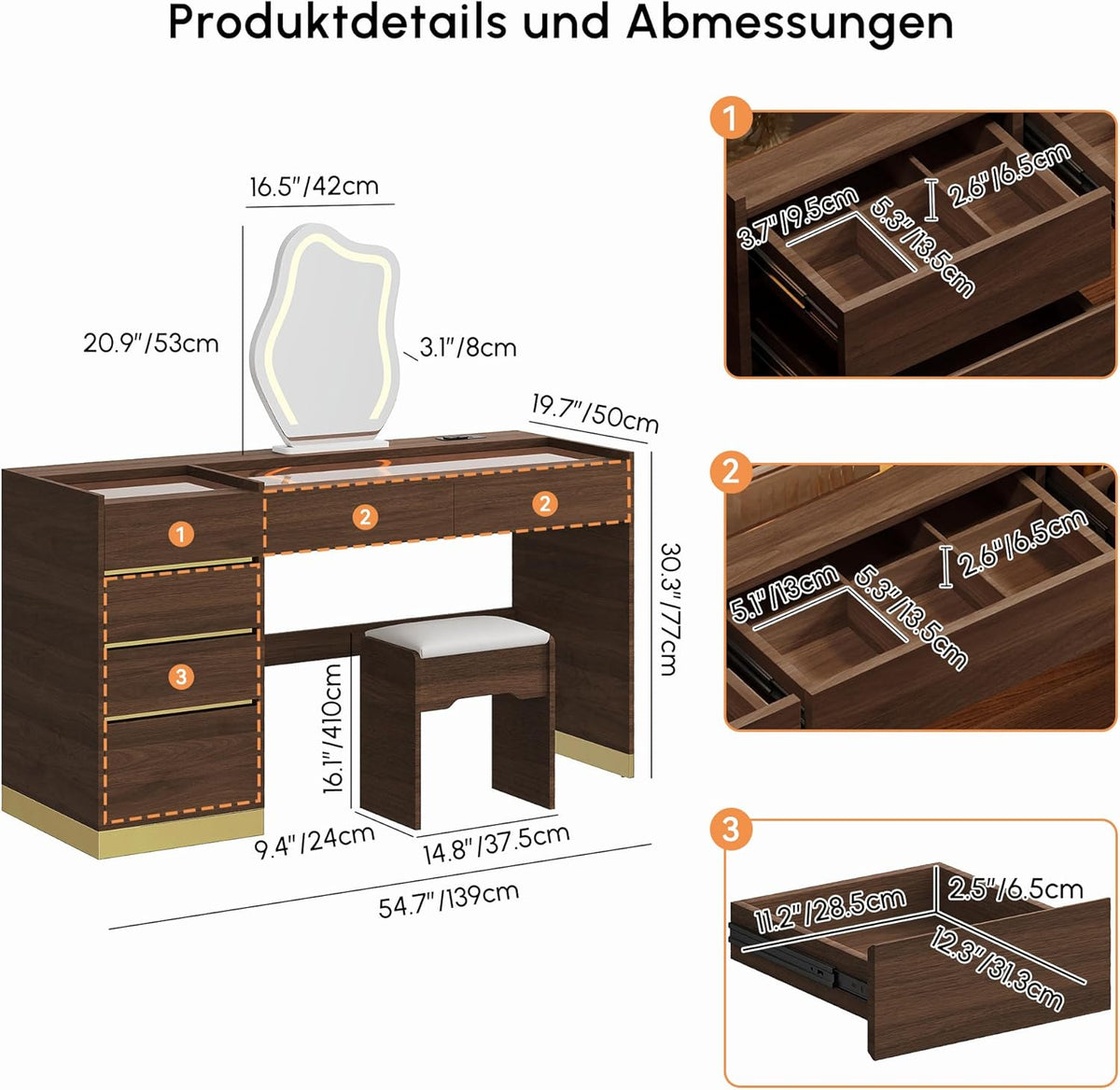 Tocador Homary con espejo, iluminación, estación de carga USB y espacio de almacenamiento, elegante tocador moderno con espejo iluminado de 3 modos y expositor de joyas integrado, nogal