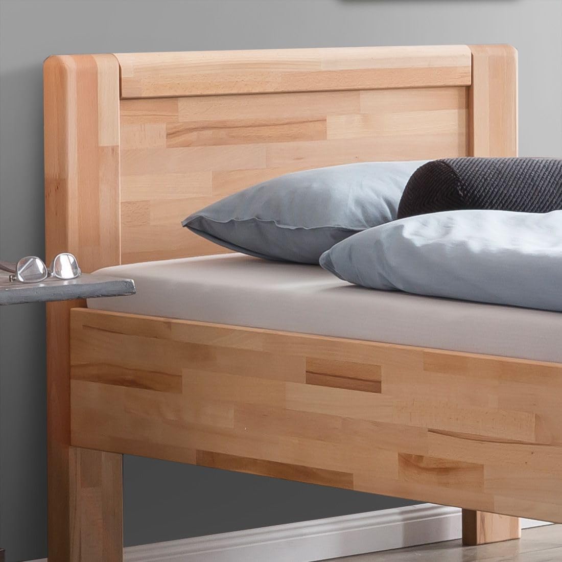 Cama para personas mayores Ewen de madera maciza 90x200 cm, altura de confort en haya núcleo aceitada, natural, con listones de apoyo, 48 cm de altura de entrada, capacidad de carga: 160 kg, estructura de cama