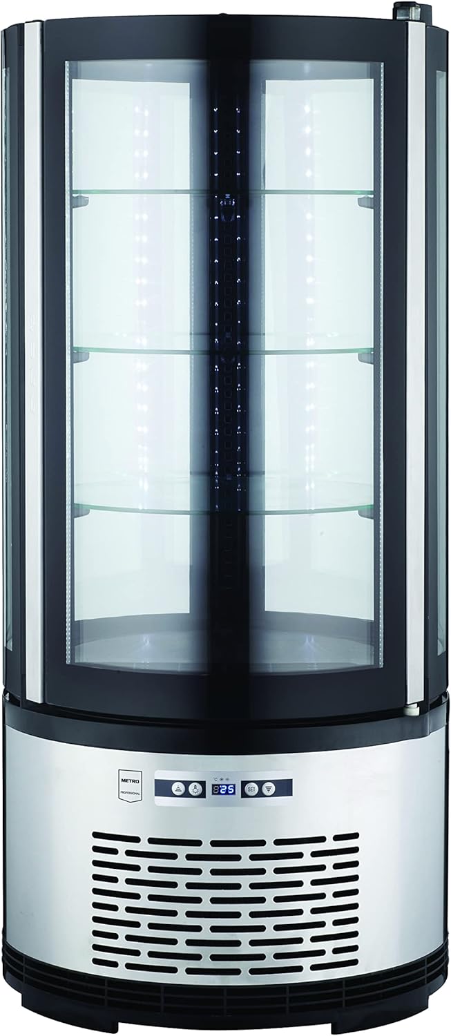 Vitrina refrigerada METRO Professional GRV1100, para hostelería, acero inoxidable/vidrio, 100 L, refrigeración por aire forzado, 490 W, indicador de temperatura,  descongelación automática, redonda, plateada, clase climática 6