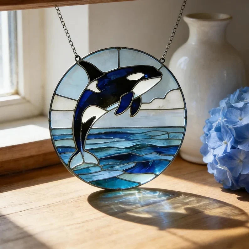 Atrapasol de cristal redondo con orca – Adorno para ventana, decoración oceánica, decoración costera y náutica