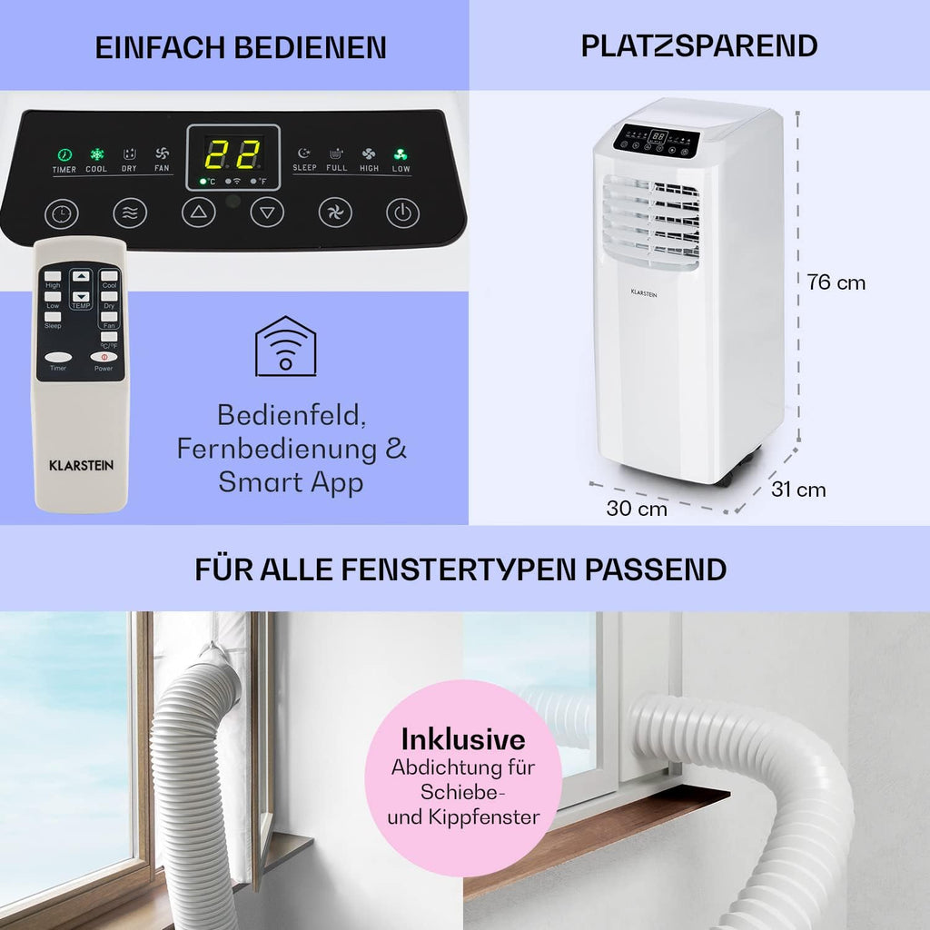 Aire acondicionado Klarstein, unidad de aire acondicionado 4 en 1, deshumidificador, ventilador y modo noche, aire acondicionado portátil con manguera de escape, control por aplicación, aire acondicionado para habitaciones de hasta 44 m², 9000 BTU, blanco
