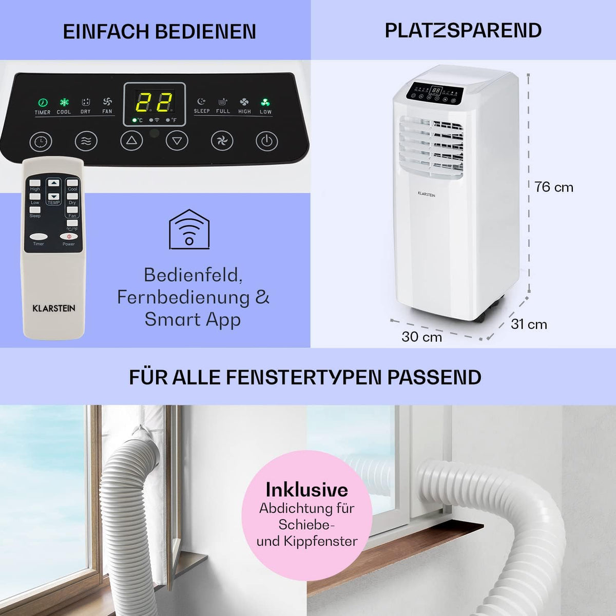 Aire acondicionado Klarstein, unidad de aire acondicionado 4 en 1, deshumidificador, ventilador y modo noche, aire acondicionado portátil con manguera de escape, control por aplicación, aire acondicionado para habitaciones de hasta 44 m², 9000 BTU, blanco