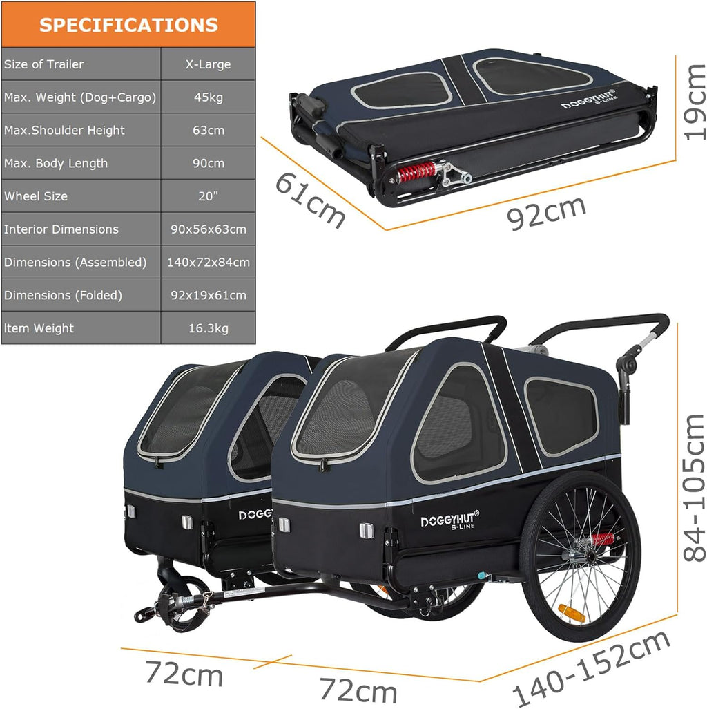 Doggyhut S-Line XL Remolque y cochecito para perros con suspensión 2 en 1, remolque de bicicleta para perros y jogger con suspensión hasta 45 kg