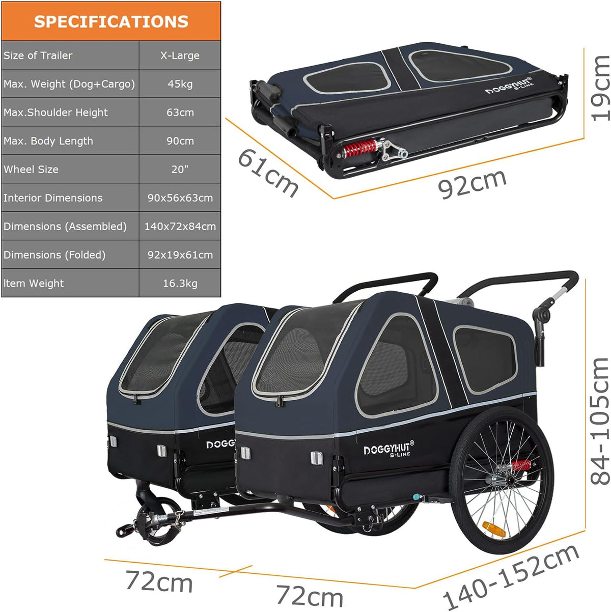 Doggyhut S-Line XL Remolque y cochecito para perros con suspensión 2 en 1, remolque de bicicleta para perros y jogger con suspensión hasta 45 kg