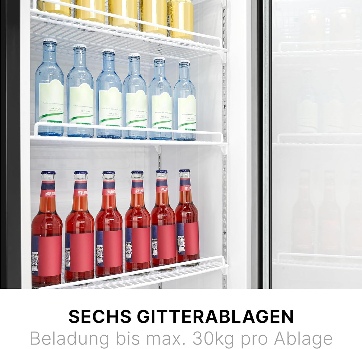 Refrigerador con puerta de cristal Bomann, refrigerador de bebidas con cerradura, 6 estantes de altura ajustable, 30 kg por estante, refrigerador grande de 347 litros, enfriador de botellas con luz LED KSG 7351 negro