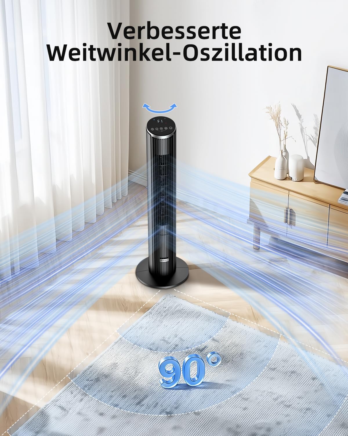 Ventilador de torre silencioso Ateroll para dormitorio, ventilador de pie con control remoto, oscilación de 90°, 4 velocidades, 3 modos, temporizador de 12 h, pantalla LED, ventilador eléctrico de refrigeración de 91 cm, negro