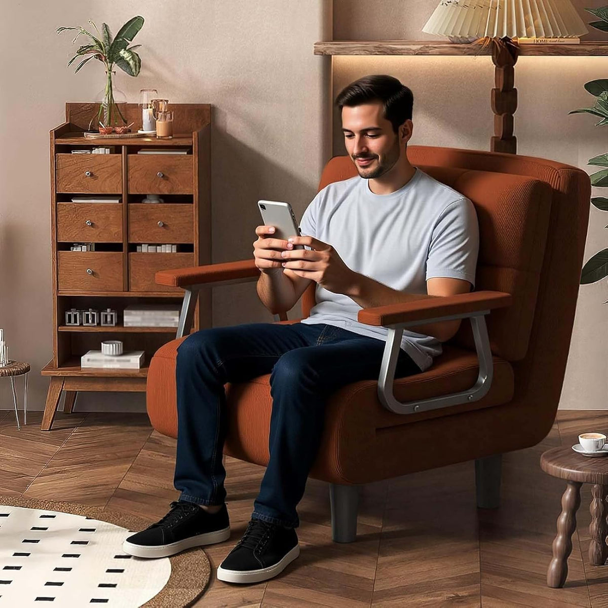 Sillón convertible individual, sofá cama, sillón cama plegable 3 en 1 para espacios pequeños, respaldo de 5 niveles, con cojín, apoyabrazos y patas de metal, C, ancho 65 cm