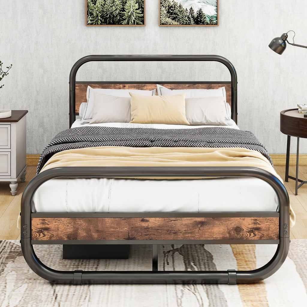 HOMERECOMMEND Metalowa Rama Łóżka 120 x 200 cm z Zagłówkiem, Metalowa i Drewniana Rama z Lamelami, Owalna Platforma z Miejscem do Przechowywania pod Łóżkiem, Brązowa