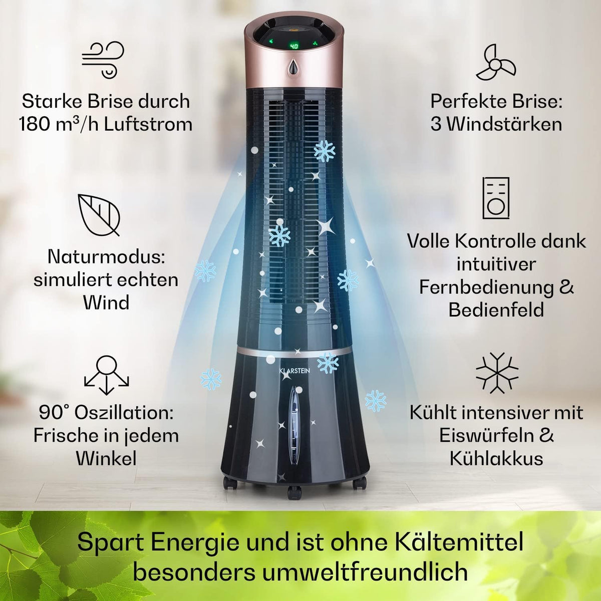 Klarstein 4 en 1: Enfriador de aire inteligente, ventilador, humidificador e ionizador I Depósito de agua de 6 L, oscilación, 30 W, 210 m³/h, temporizador I Aire acondicionado sin tubo de escape, aire acondicionado portátil, negro-oro rosa