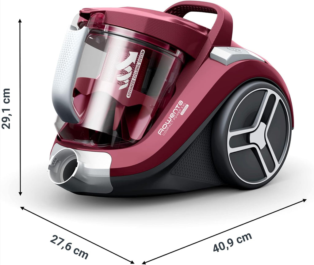 Aspirador sin bolsa Rowenta Compact Power XXL, motor de bajo consumo de 900 W máx., alto nivel de filtración, depósito de polvo XXL de 2,5 L, compacto RO4B23EA, color burdeos