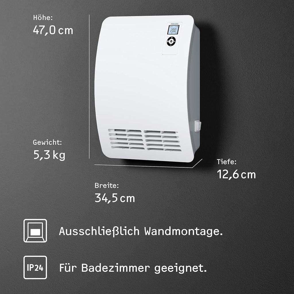 Calefactor rápido STIEBEL ELTRON CK 20 Trend LCD para aprox. 25 m², certificado TV, fabricado en Alemania, pantalla LCD, temporizador semanal, termoventilador cerámico de bajo consumo, baño, 2 kW, 236653