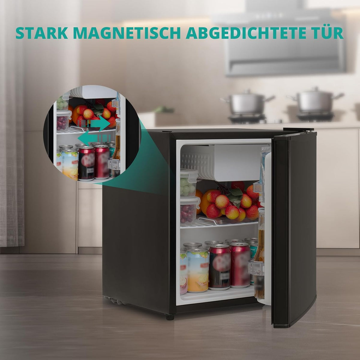 Mininevera SMETA 45L, frigorífico pequeño silencioso, 39dB, nevera para bebidas con termostato de 6 niveles 0-10°C, minibar con puerta reversible para hogar, oficina, camping y dormitorio, negro