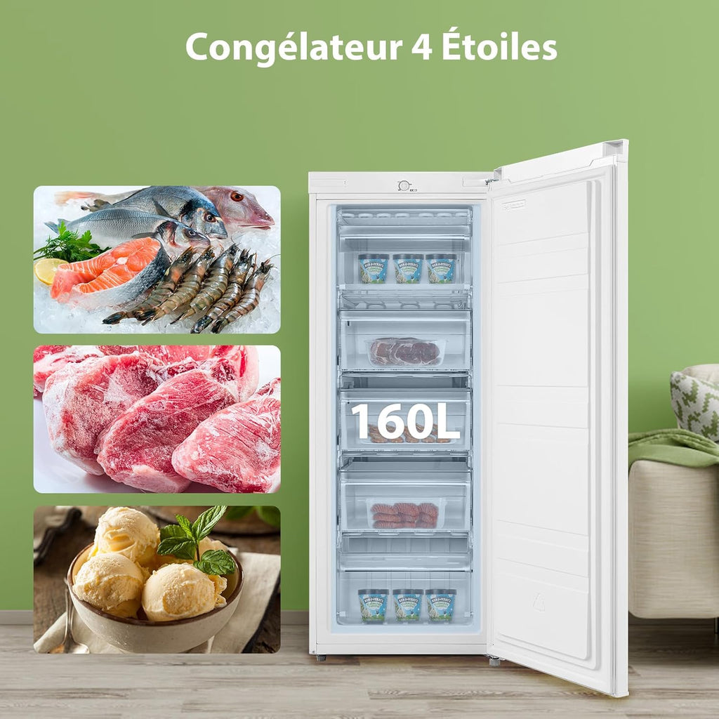 Congelador Vertical COMFEE' RCU160WH2(E) 160L - Altura 142cm - 183kWh/año - Puerta Reversible - Silencioso 42dB - Termostato Ajustable - Patas Regulables - Blanco