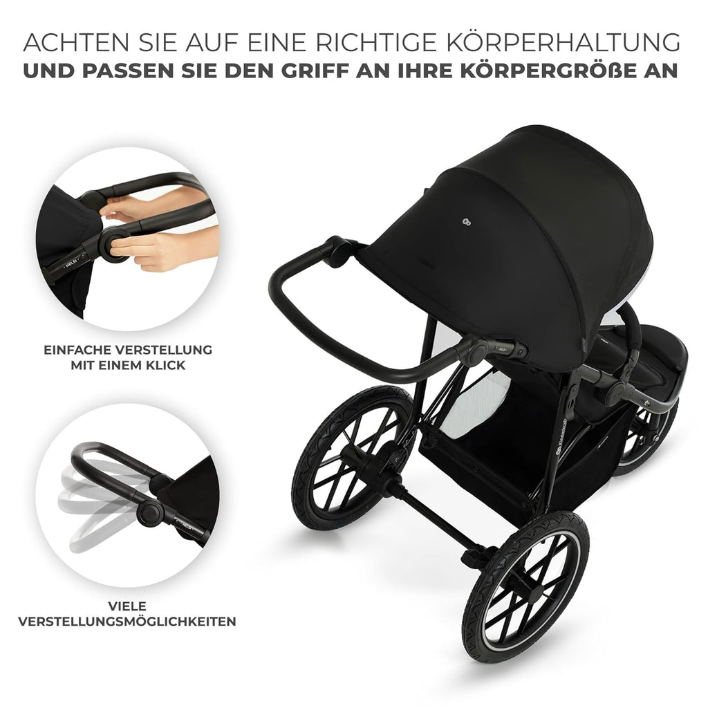 Kinderkraft HELSI 2 Silla de paseo hasta 27 kg, cochecito desde el nacimiento, silla de paseo para correr con grandes ruedas neumáticas, función de reclinado, asa parental ajustable, plegable, cesta debajo del asiento, negro