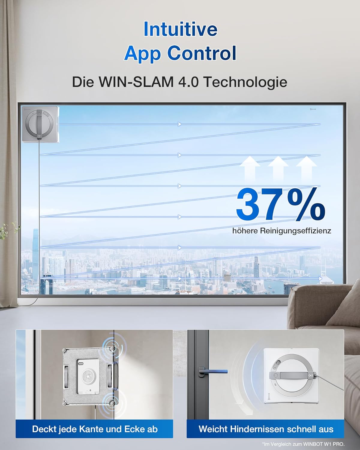Robot limpiacristales ECOVACS WINBOT W2 PRO, pulverizador de agua de 3 boquillas, sistema de protección de 10 niveles, planificación de rutas Win-SLAM 4.0, sistema de escalada estable, detección de bordes, control por app, blanco