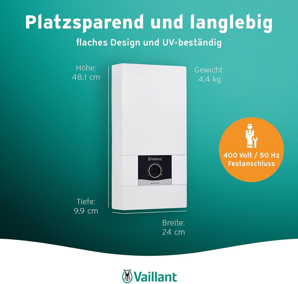 Calentador de agua electrónico Vaillant, VED E 21/8, resistente a la presión, 21 kW, 400 V, temperatura de salida precisa, regulable de forma continua, pantalla digital, 0010023778, [Clase de eficiencia energética A]