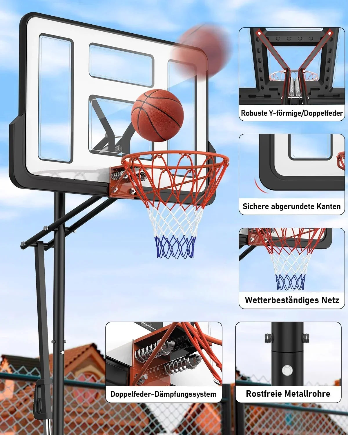 Canasta de baloncesto para exterior, ajustable en altura de 145 a 305 cm, tablero de 110x75 cm, con saco de lastre, soporte LM052