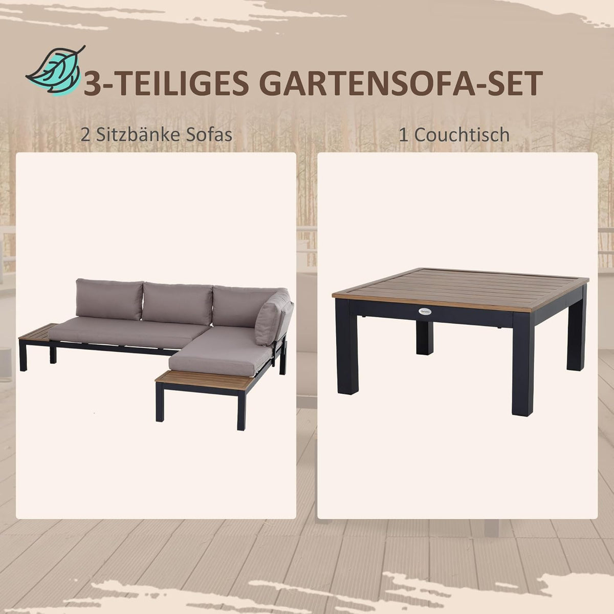Set de muebles de jardín Outsunny de 3 piezas con mesa auxiliar, sofá con cojines, para exteriores, de aluminio, 164 x 74 x 69 cm