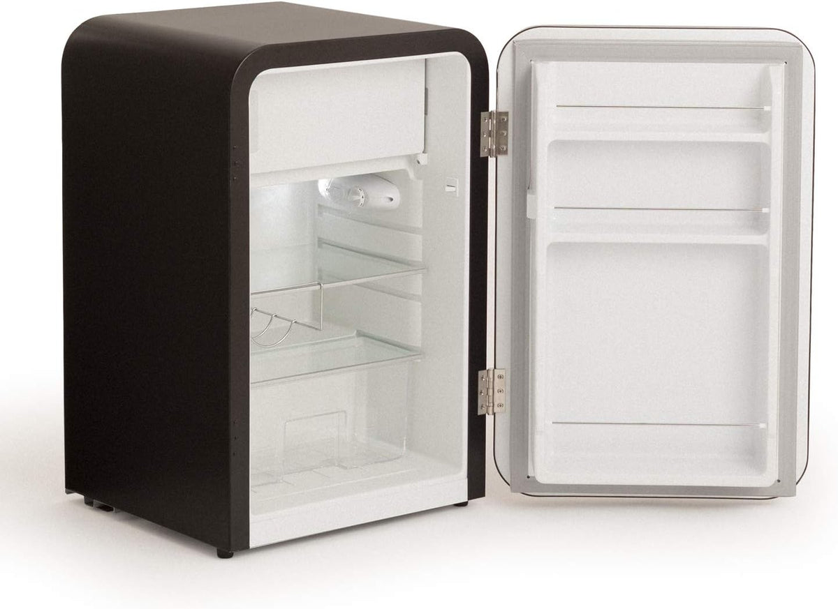 CREAR / RÉTRO FRIGO 83.5 PLATA/Refrigerador negro con manija dorada / 98W, bajo consumo, 2 estantes, regulador de temperatura, botellero, 56x54x84cm.
