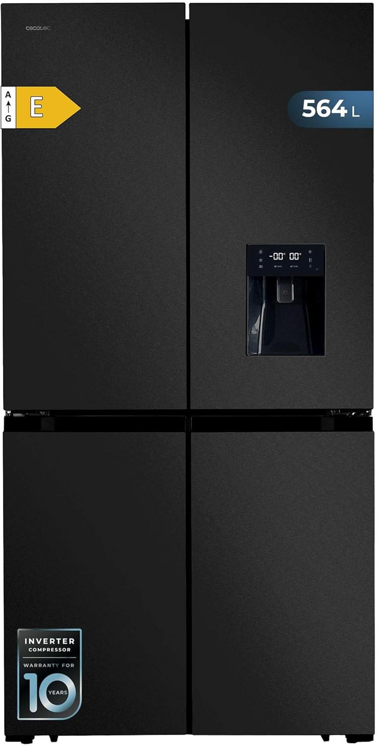 Frigorífico Americano de 4 puertas Cecotec Dark de 564 L Bolero CoolMarket 4D 564 Dark E. 183 cm de altura, 91 cm de ancho, dispensador de agua, motor Inverter Plus, Total NoFrost.