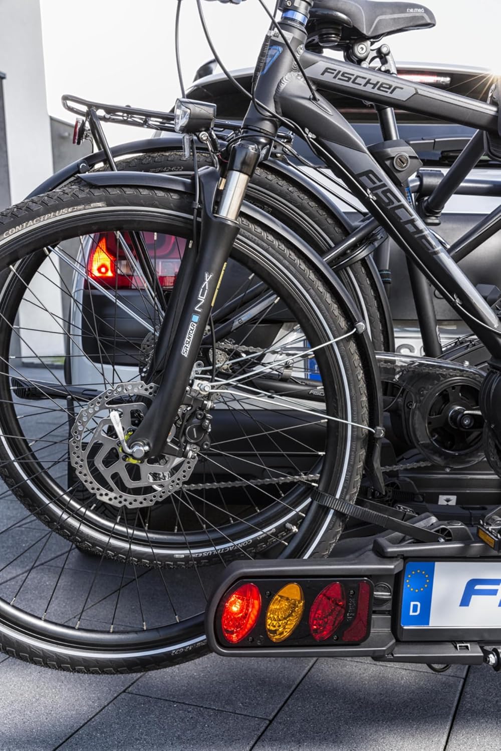 Portabicicletas de enganche Fischer ProlineEvo 2, para 2 bicicletas hasta 60 kg de carga útil, apto para bicicletas eléctricas, premontado, bloqueable, plegable