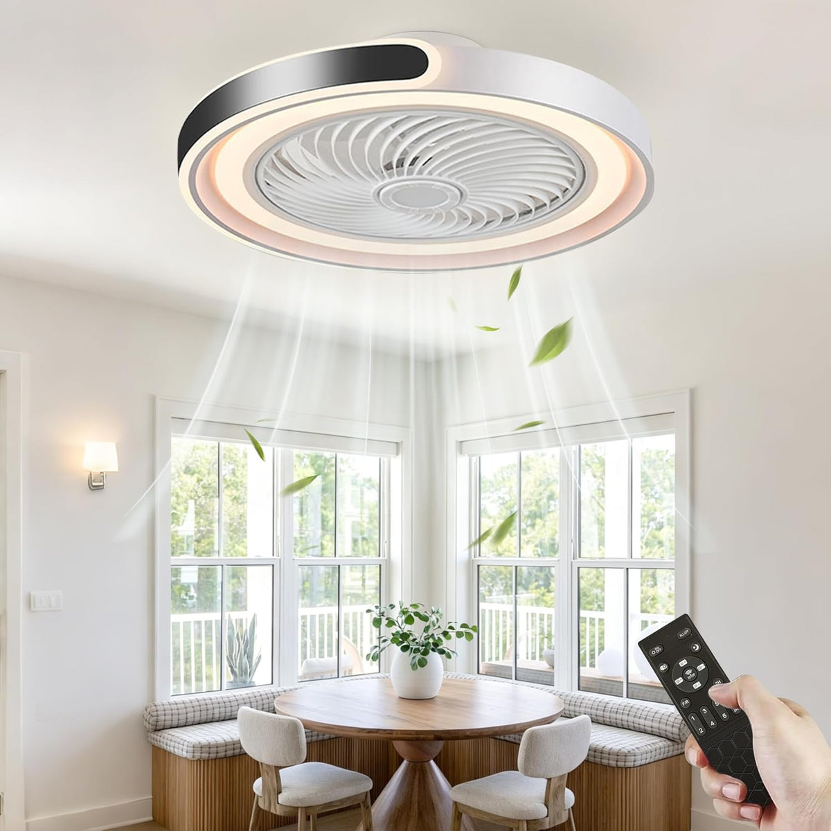 Ventilador de techo con iluminación y mando a distancia, regulable, lámpara de techo con ventilador y APP, silencioso, con temporizador - 6 velocidades, modo verano e invierno (blanco y negro)