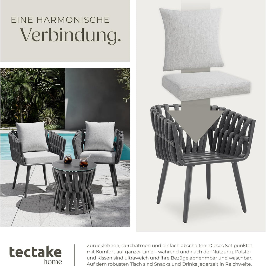 tectake® Gartenmöbel-Set Lugano Rope-Design, Aluminiumgestell, Tisch 2 Stühle, Dicke Sitzpolster, Gartenlounge, Loungemöbel, Gartensitzgruppe, Outdoor Lounge Set, Terrassenmöbel, Balkonmöbel