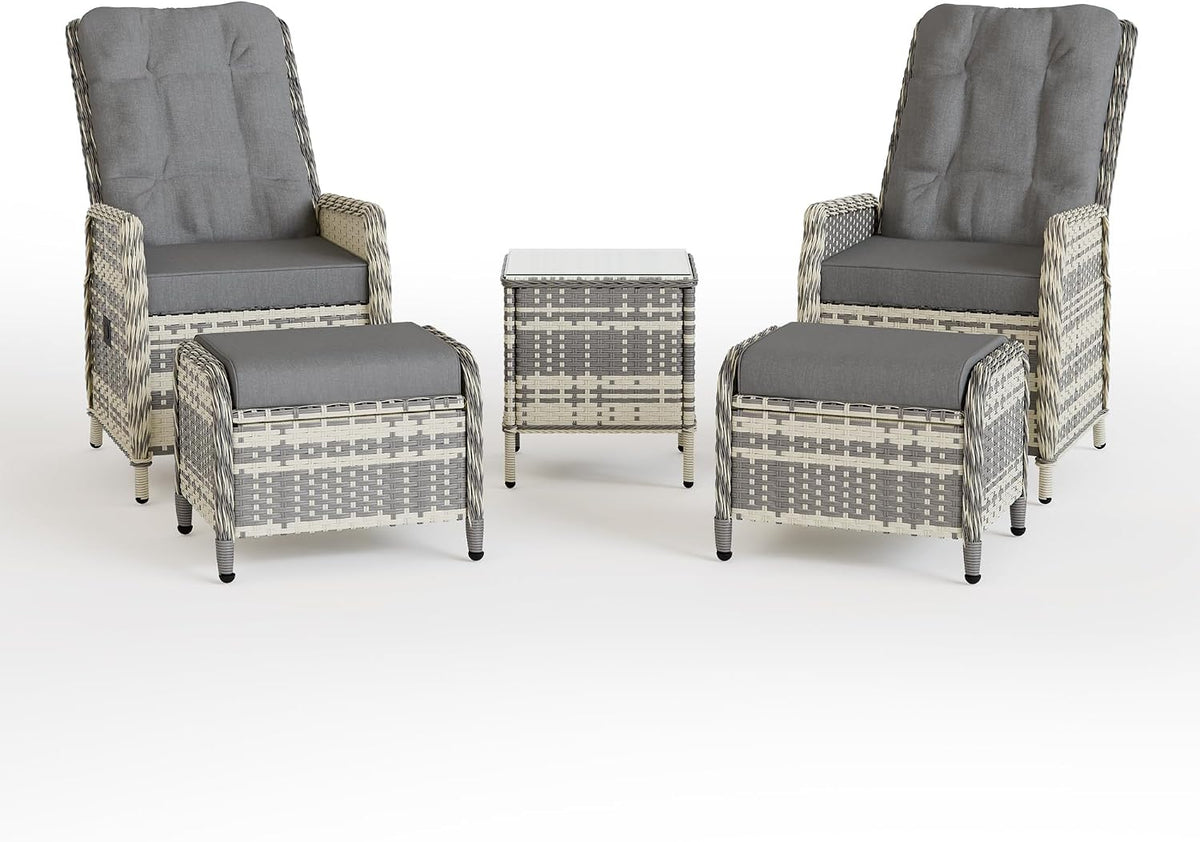 Set de muebles de jardín de ratán de 5 piezas, conjunto de conversación para patio con 2 sillas, 2 taburetes y 1 mesa, respaldos ajustables y cojines suaves, para terrazas, jardines y patios, gris