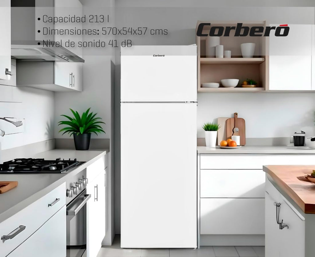 Corberó - Frigorífico 2 Puertas | CF2PV21324W | 57x54x145 | Capacidad 212L | Luz interior, cajón para verduras, estantes ajustables, descongelación manual, estantes de cristal, huevera, cubiteras | Blanco