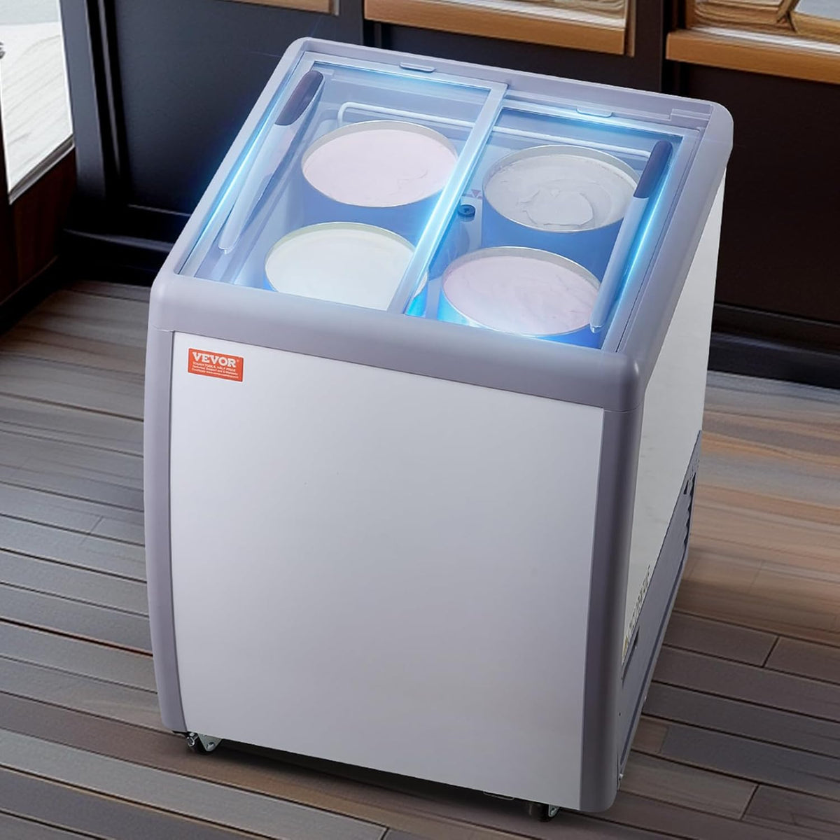 Vitrina comercial para helados VEVOR, arcón congelador de 158 L, congelador móvil con tapa de cristal, vitrina para heladería de restaurante con 4 recipientes grandes, 2 puertas correderas de cristal, ruedas bloqueables, blanco