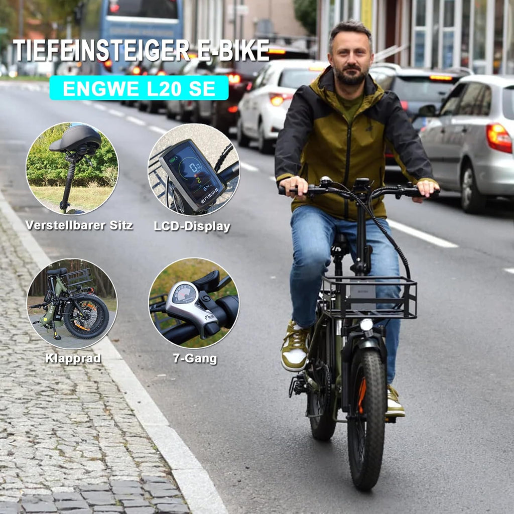 Bicicleta eléctrica plegable ENGWE de 20 pulgadas con batería de 36V 15.6Ah, hasta 115 km | con cesta, 20x3.0 pulgadas, motor trasero de 250W, cambio de 7 velocidades, bicicleta eléctrica urbana para hombres y mujeres