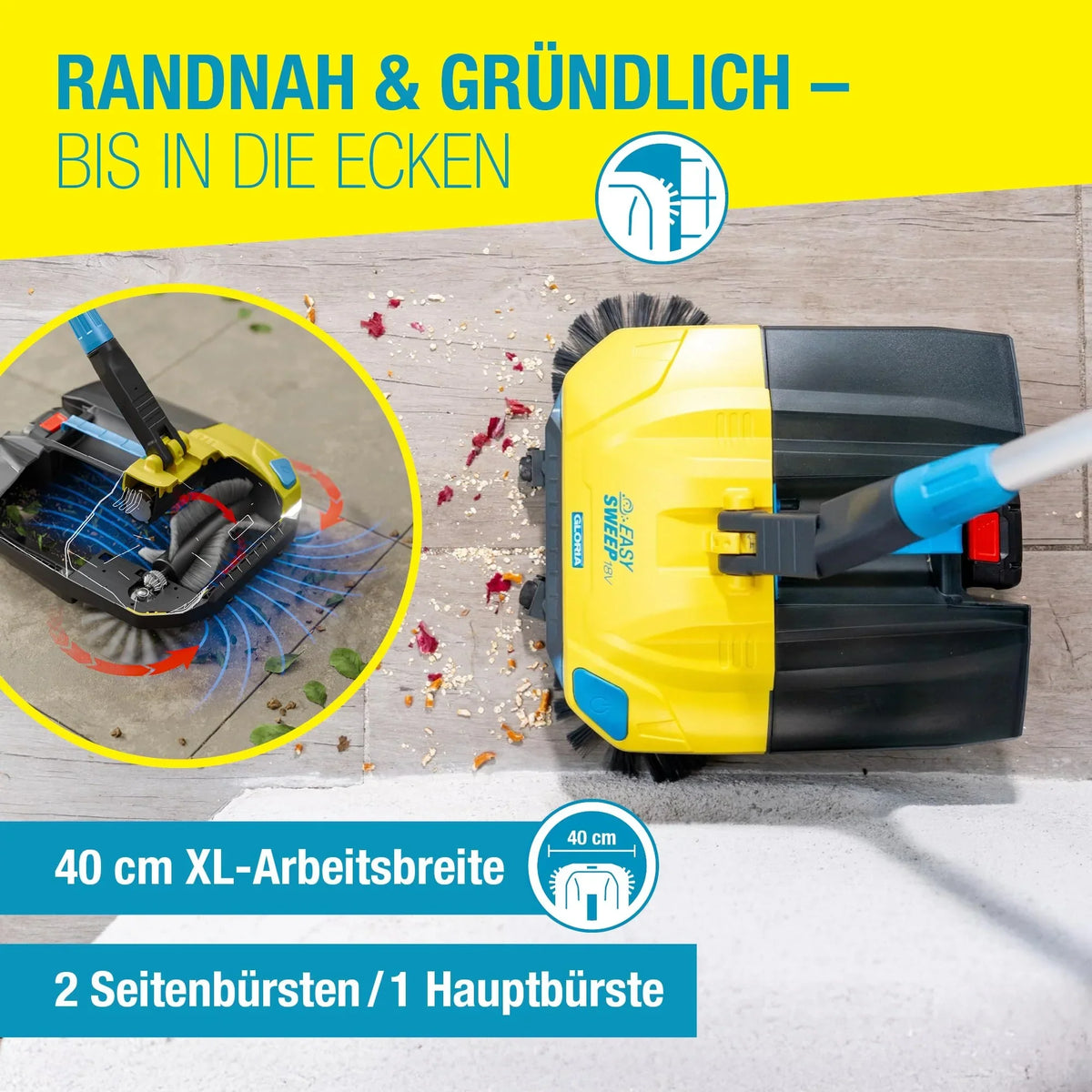 Gloria EasySweep 18V Set barredora a batería, 40 cm, depósito de 4,5 l, para acera, terraza, entrada, garaje, interior y exterior