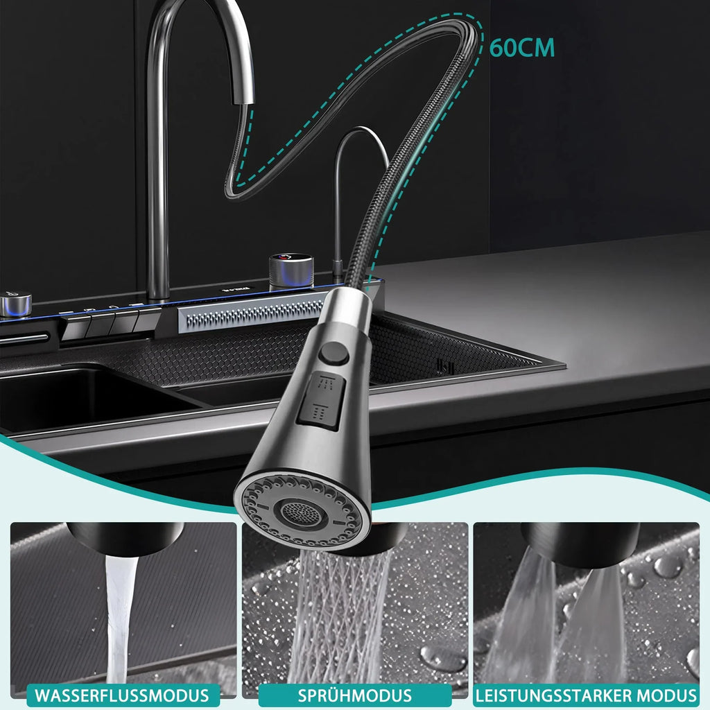Fregadero de cocina de acero inoxidable 80 x 45 x 22 cm, cubeta individual con indicador de temperatura LED, grifo tipo cascada extraíble y kit de desagüe